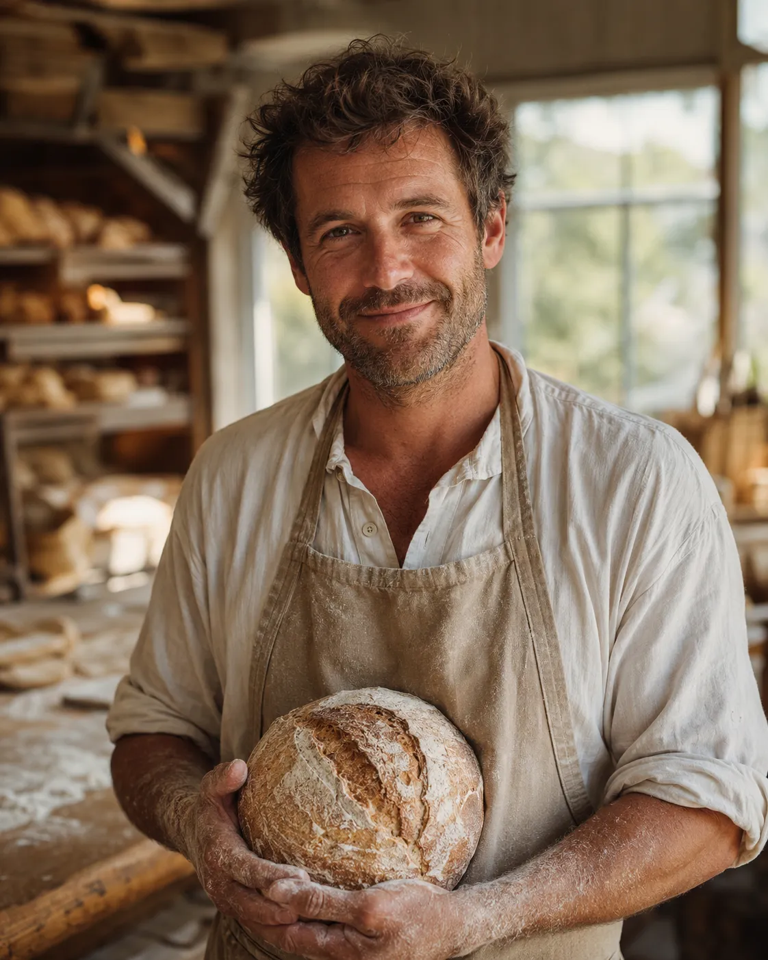 Eli, the owner and head baker of Maple & Crumb, shaping dough at the bench