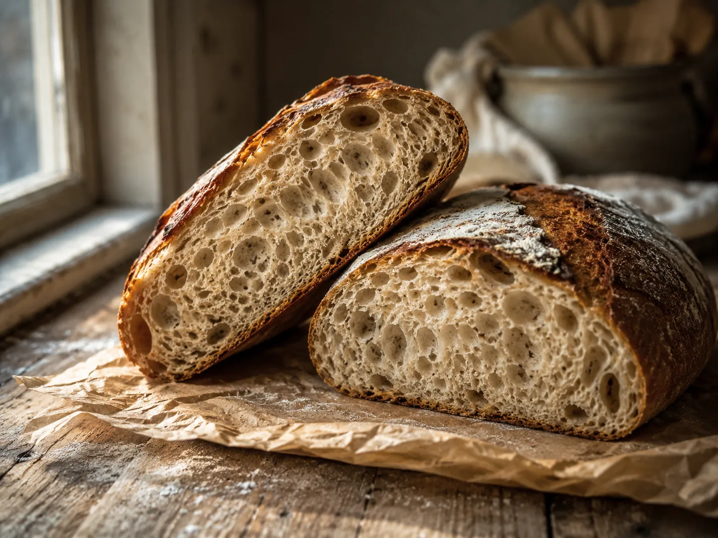 A close-up of the open, custardy crumb of a cut sourdough loaf