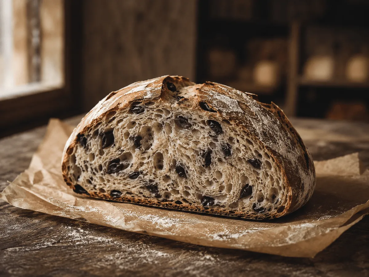 A freshly baked Olive Levain loaf