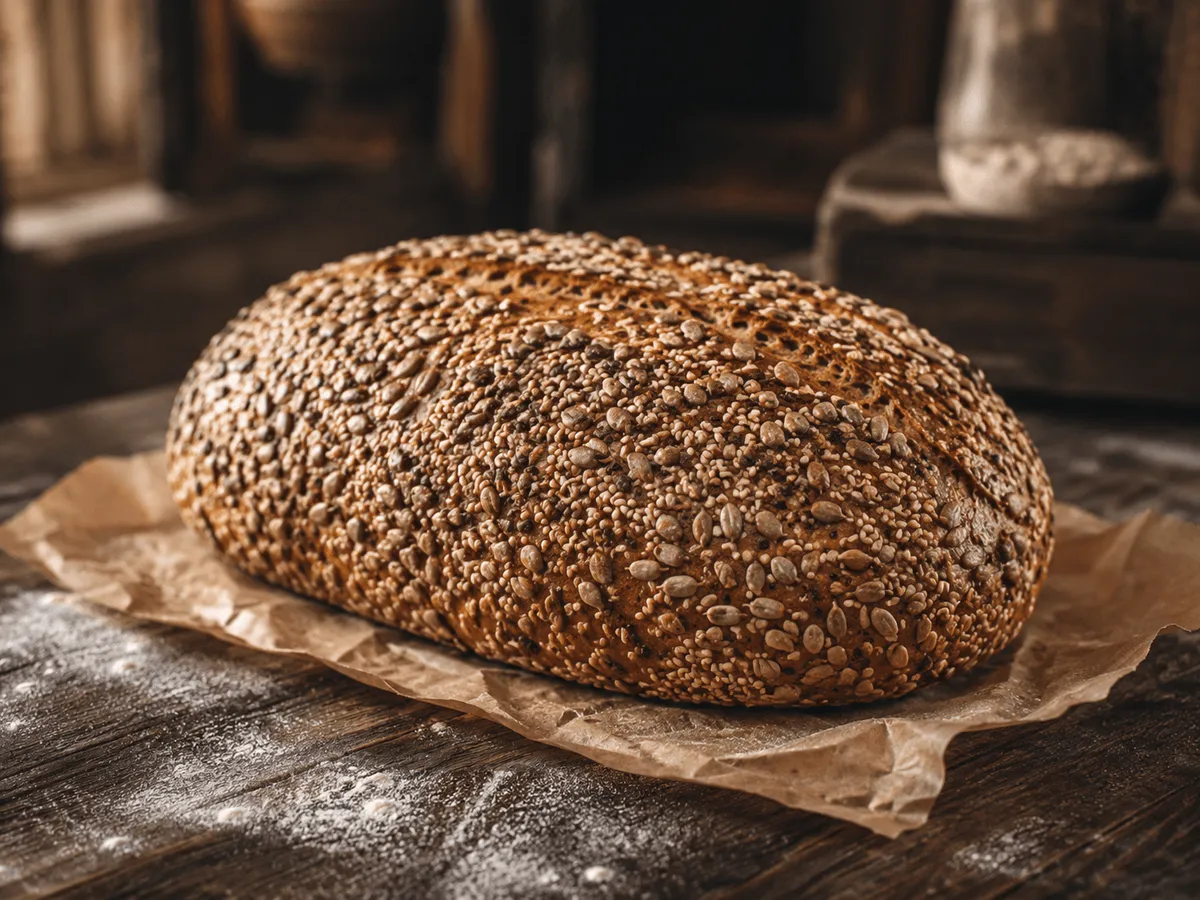 A freshly baked Seeded Bâtard loaf