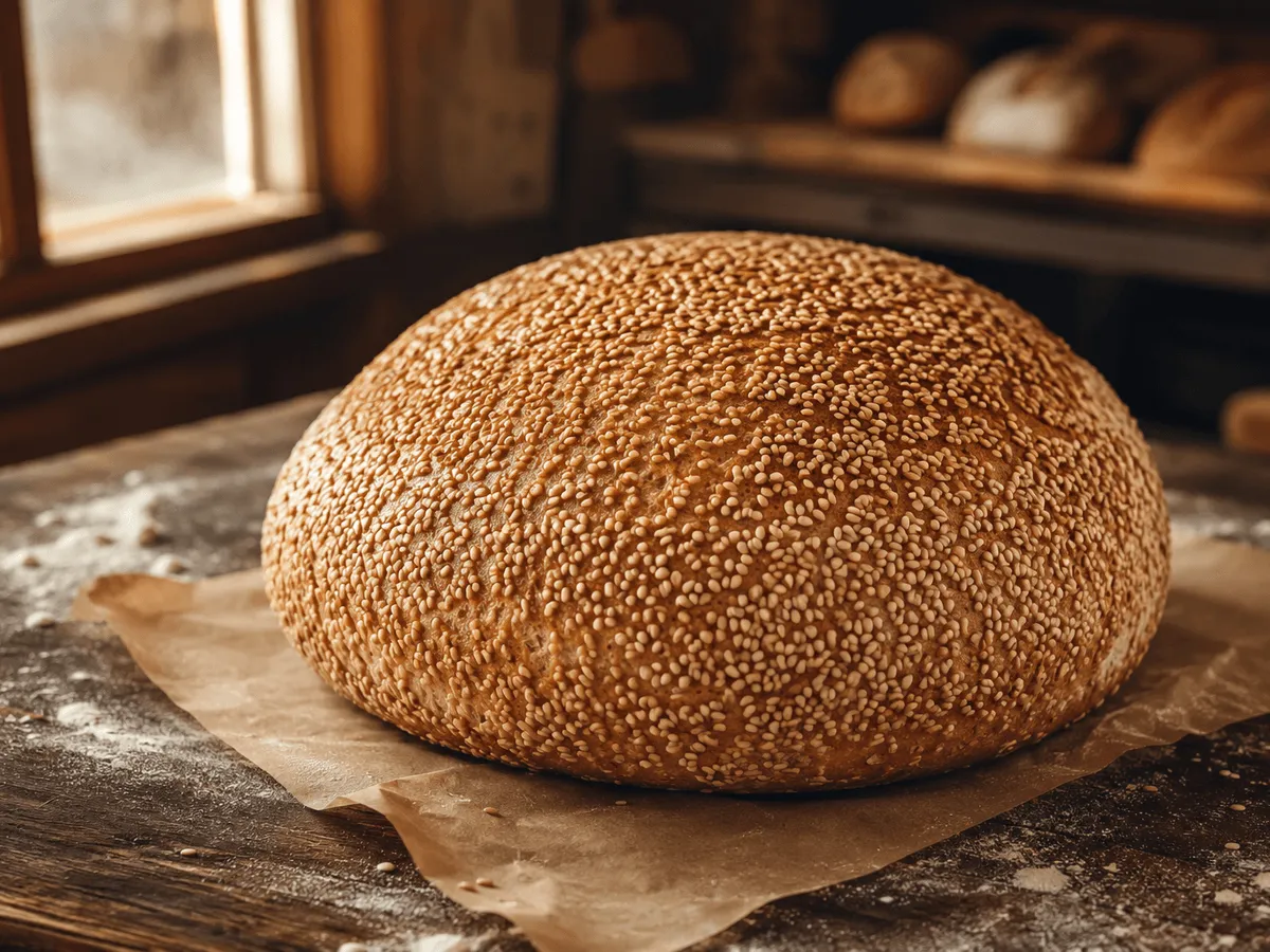 A freshly baked Sesame Miche loaf
