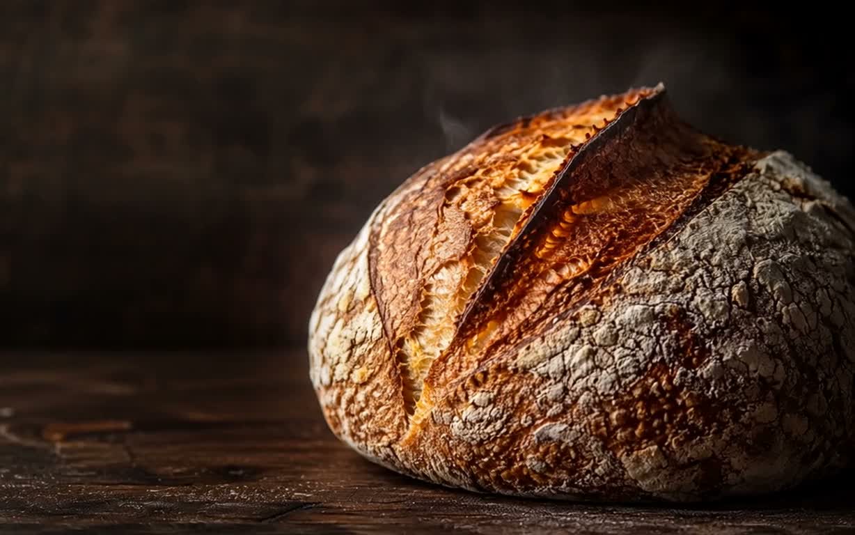 A caramelized, well-scored sourdough boule under warm dramatic light, with dark shadow falling across the left side.